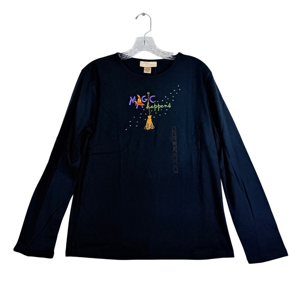 Halloween Long Sleeve Tee Women XL Black Magic Happens‎ Witch Broom Graphic